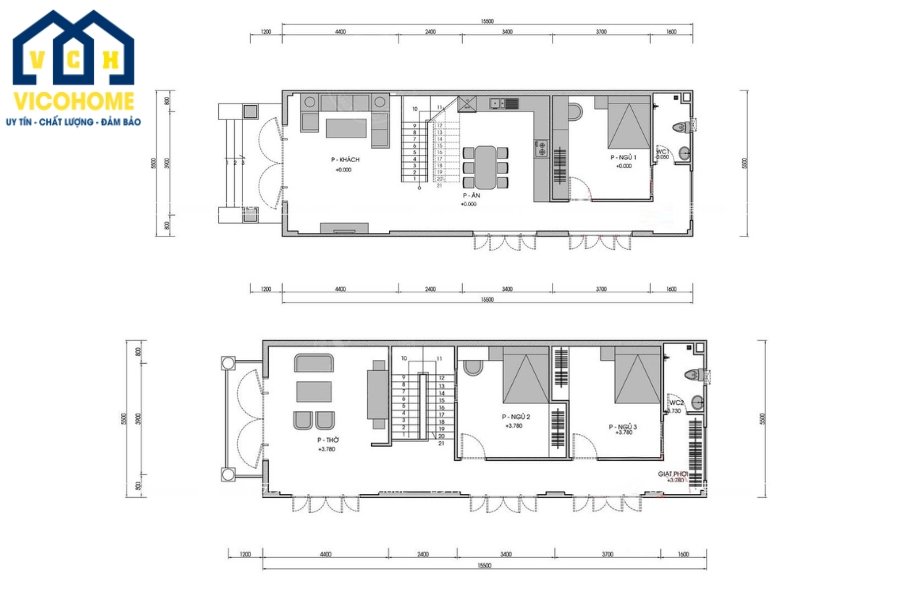 Bản vẽ thiết kế nhà 2 tầng 3 phòng ngủ 5x17